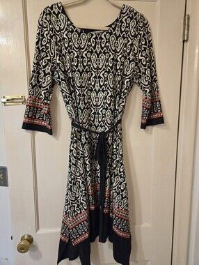 Navy and Cream Patterned Tie-Waist Women's Dress